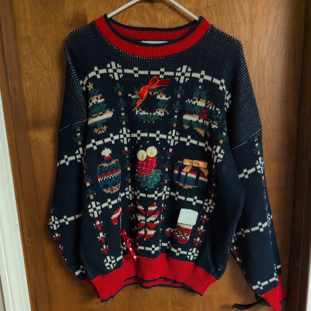 Vtg 2x 3D Knit Cardigan Sweater by Sweater Loft bow, holly, stocking, candy cane